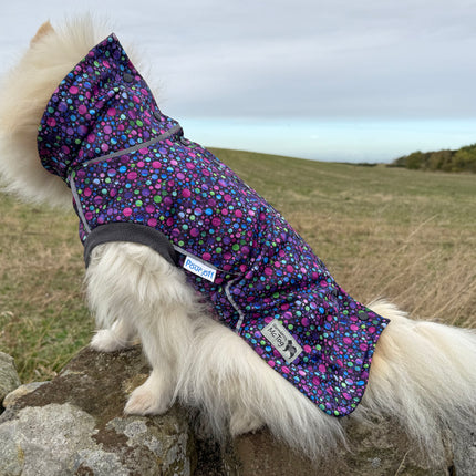 Glenndarcy McTog Bubblicious waterproof dog raincoat with extended neck coverage