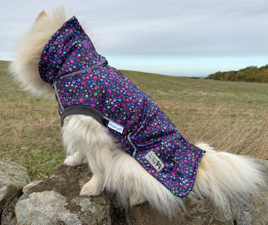 Glenndarcy McTog Bubblicious waterproof dog raincoat with extended neck coverage