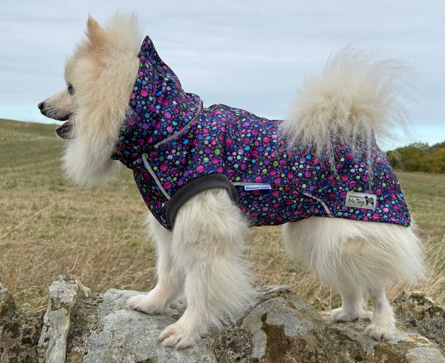 Bubblicious waterproof microfleece dog coat with extended waterproof neck