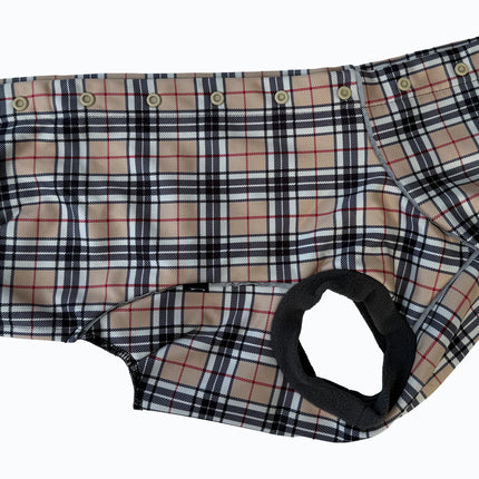 Close-up of Glenndarcy McTog Harris waterproof dog coat extended high neck