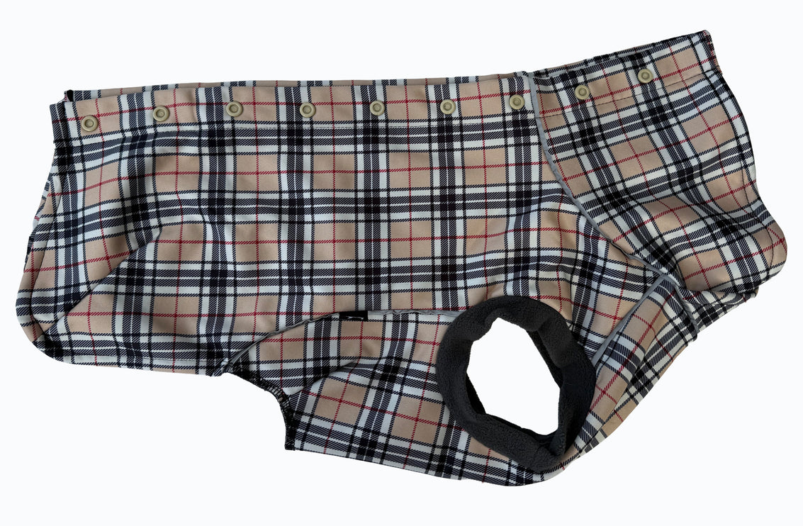 Close-up of Glenndarcy McTog Harris waterproof dog coat extended high neck