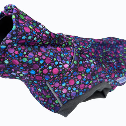 High neck waterproof dog coat in Bubblicious pattern with full back poppers