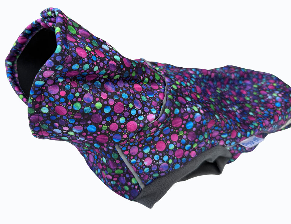 High neck waterproof dog coat in Bubblicious pattern with full back poppers