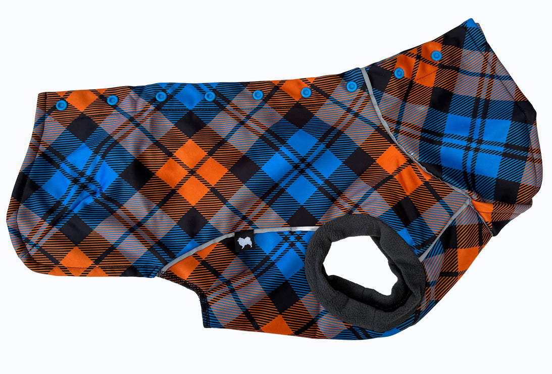 Close-up of Glenndarcy McTog Highlander waterproof dog coat with extended high neck