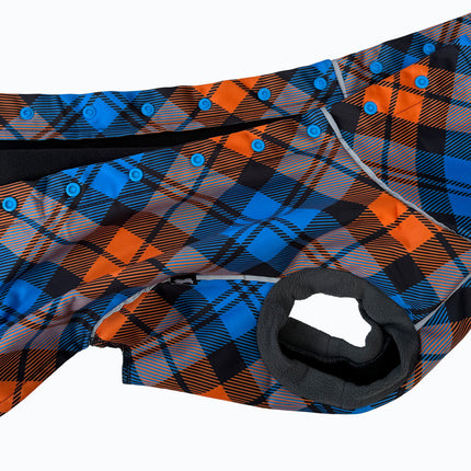 Highlander waterproof dog coat detail showing full popper fastening along back and neck
