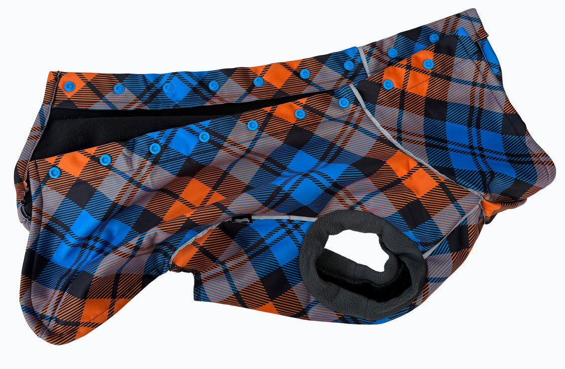 Highlander waterproof dog coat detail showing full popper fastening along back and neck