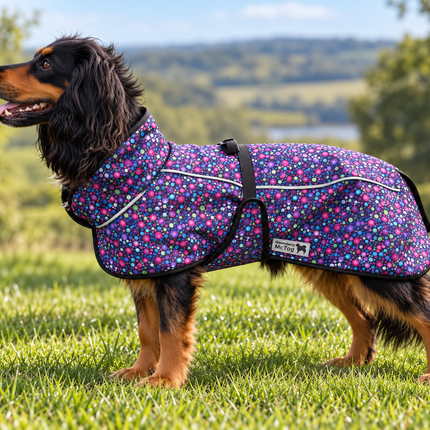 RainHug waterproof dog coat with reflective piping and under-body fastening