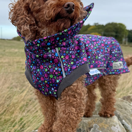 Bubblicious waterproof dog coat with protective chest and tummy coverage