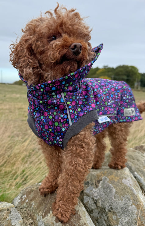 Bubblicious waterproof dog coat with protective chest and tummy coverage