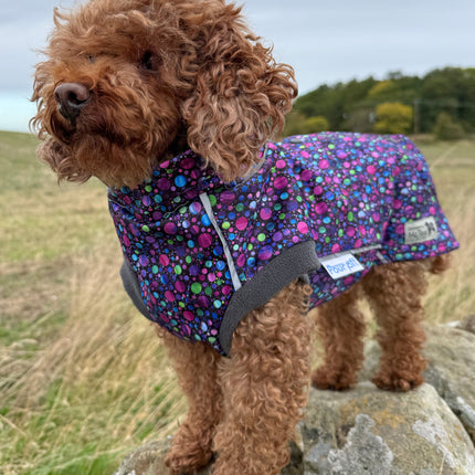 Bubblicious waterproof fleece dog coat with PUL laminated microfleece fabric