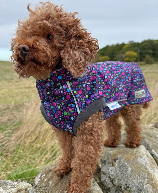 Bubblicious waterproof fleece dog coat with PUL laminated microfleece fabric