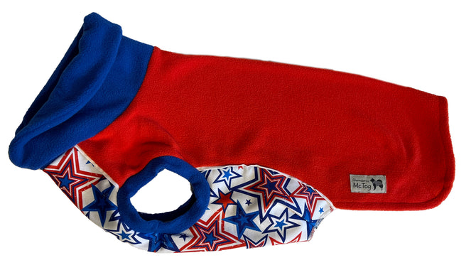 Red Stars Polar Fleece - Waterproof belly - McTog Dog Jumper - Only Sizes 2 & 5 left