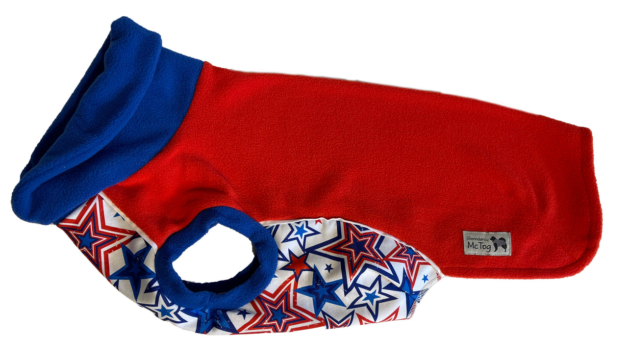 Red Stars Polar Fleece - Waterproof belly - McTog Dog Jumper - Only Sizes 2 & 5 left
